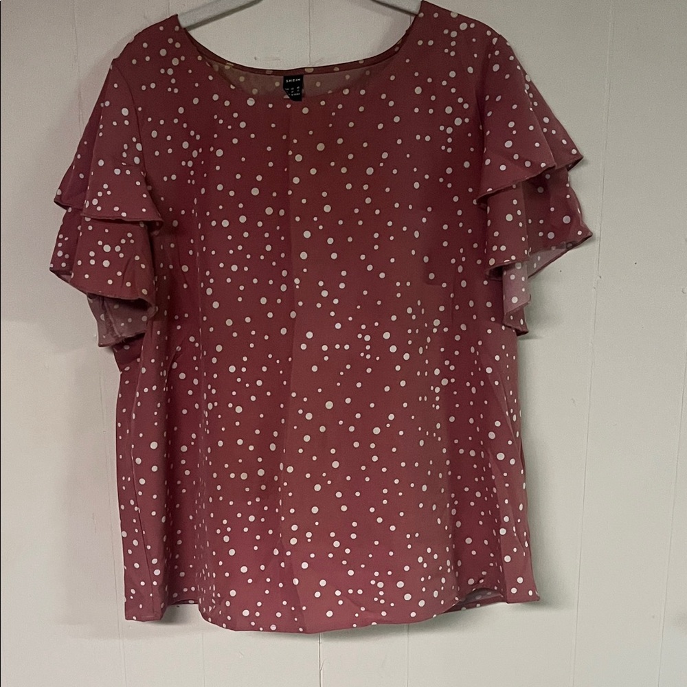 SHEIN Pink and White Polka Dot Ruffle Blouse